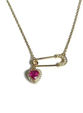 安伯曼30分左右鸽血红红宝石爱心18K金南非钻回形针项链