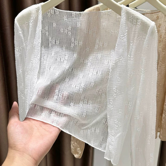 Ice silk shawl, long sleeves, short lace sun protection cardigan for women, summer wear, suspender skirt, blouse, thin jacket