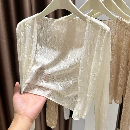 Ice silk shawl, long sleeves, short lace sun protection cardigan for women, summer wear, suspender skirt, blouse, thin jacket