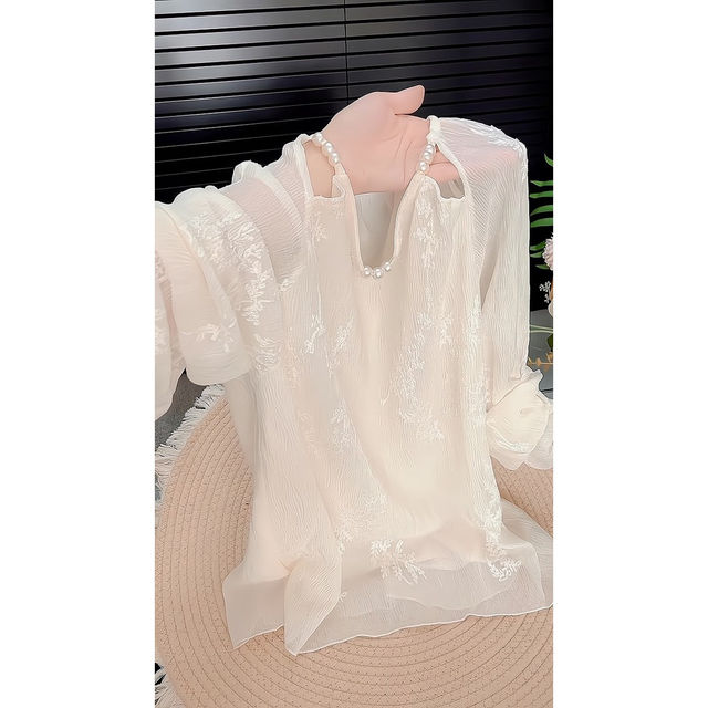 ເນື້ອຜ້າຂອງຝຣັ່ງ pleated embroidered chiffon shirt super fairy top
