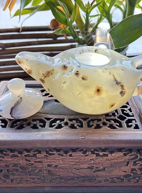 云臻阁天然海洋玉髓草花原石玛瑙意境大花风景随型茶壶摆件