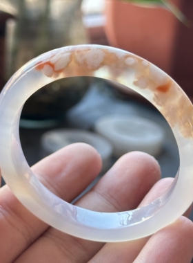 云臻阁天然海洋玉髓马料樱花玛瑙雪白飘粉绽放花朵白云冰透手镯53