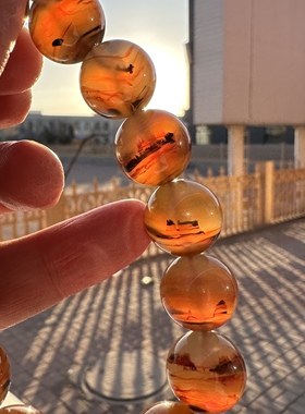 天然巴西水墨花料冰红蜜糖刺景火焰山长城古堡风景景观玛瑙手串