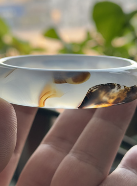 云臻阁天然海洋玉髓草花意境风景山景水墨玛瑙手镯白冰冰透55口径