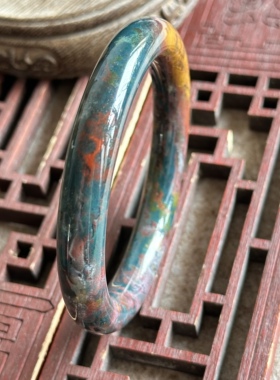 天然海洋碧玉七彩绿俏黄炫彩玛瑙圆条手镯多彩渲染油画景观镯61口