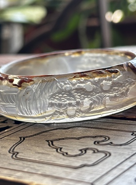 天然巴玉玛瑙手镯冰透俏色巧雕山水立体景观亭台楼阁意境镯57口径