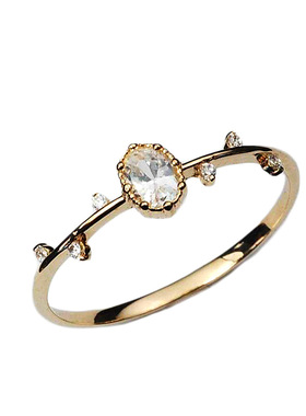 通体S925纯银镀14K金戒指女日系极细百搭镶锆钻小枝叶树枝造型