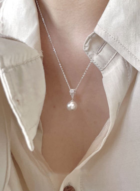S925纯银珍珠吊坠女小众设计时尚方钻轻奢高级感项链法式复古