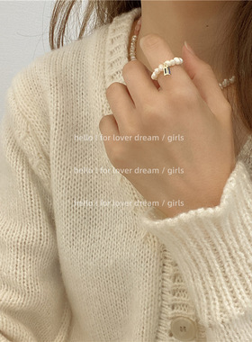 韩国新款串珠珍珠戒指小香风水钻爱心猫眼石戒圈甜酷淡水珍珠手饰