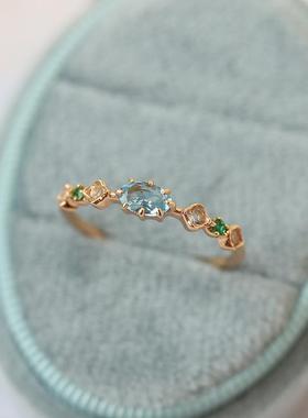 防天然蓝托帕石戒指女彩色宝石镀金清新阿卡朵同款气质闭口指环