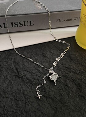 水钻星芒拼接猫眼石吊坠项链女2022年小众设计感简约百搭锁骨链潮