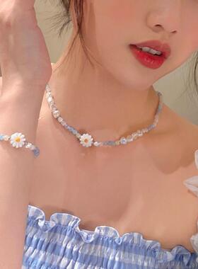 赵露思同款珍珠项链女夏季高级锁骨链花朵串珠轻奢ins风手链一套