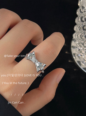 甜酷风~开口可调节蝴蝶结戒指 百搭素雅银色食指戒 ins指环