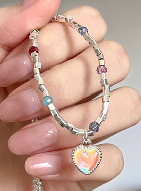 韩国东大门新款爱心月光石彩珠项链串珠圆珠元气清新少女配饰