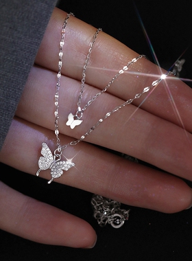 双层蝴蝶项链女锁骨链气质轻奢小众高级设计感夏季饰品钛钢颈链