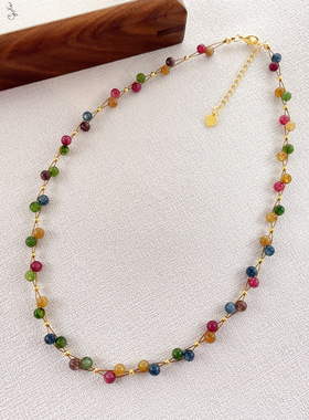 森系彩色多巴胺天然碧玺石彩虹串珠项链女百搭高级感编织颈链