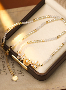 水晶花朵珍珠项链轻奢小众夏天锁骨链颈链女款2025新款配饰高级感