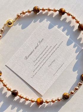 秋冬美拉德风天然精品虎眼石咖啡色仿大溪地珍珠满天星锁骨链项链