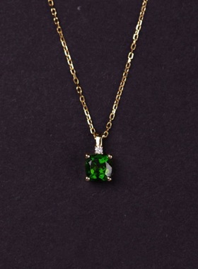 S925纯银镀14K金祖母绿方糖项链女 透辉石吊坠轻奢高级感锁骨链