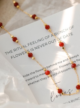 法式复古间隔红尖晶石串珠项链 钛钢电镀18K金高级感女锁骨链轻奢