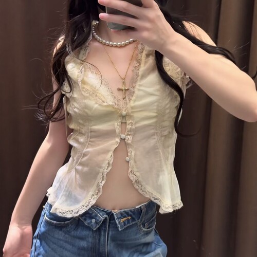 ZA外贸出口女装新款法式束带休闲性感小蕾丝包扣衬衫3067036 - 图1