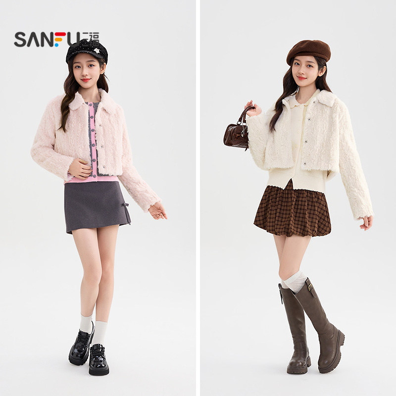 三福厚外套2025冬季简约翻领短款下摆毛绒大衣上衣女装512230,淘宝优惠券,粉丝福利购,淘宝优惠卷