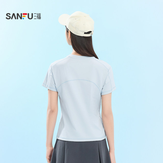Sanfu Women's Summer Contrast Color Structural Line Short-Sleeved Singles Light Sports Easy-Dry Slim Top Women 518382