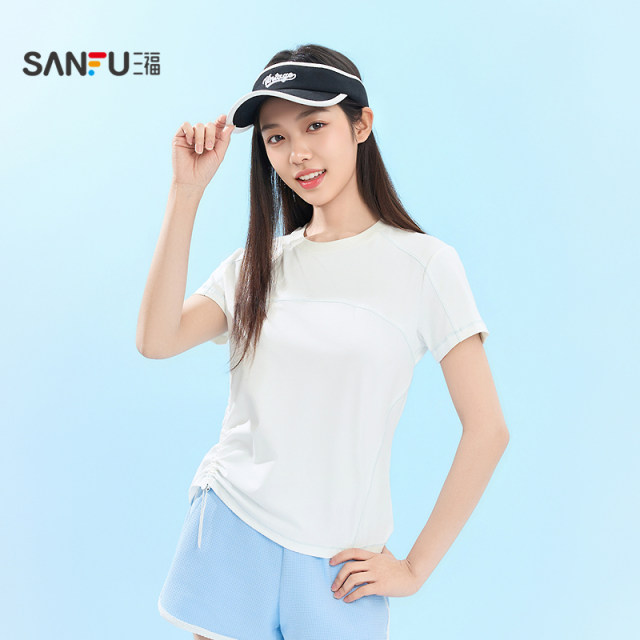 Sanfu Women's Summer Contrast Color Structural Line Short-Sleeved Singles Light Sports Easy-Dry Slim Top Women 518382
