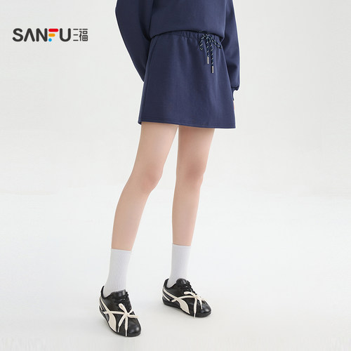 三福短裙2026春季撞色拼接松紧抽绳腰头A字裙子女装516814 - 图0