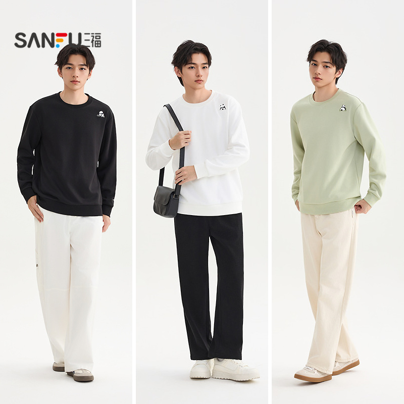 三福2025冬季男士异位熊猫刺绣卫衣 简约圆领上衣510002 - 图3