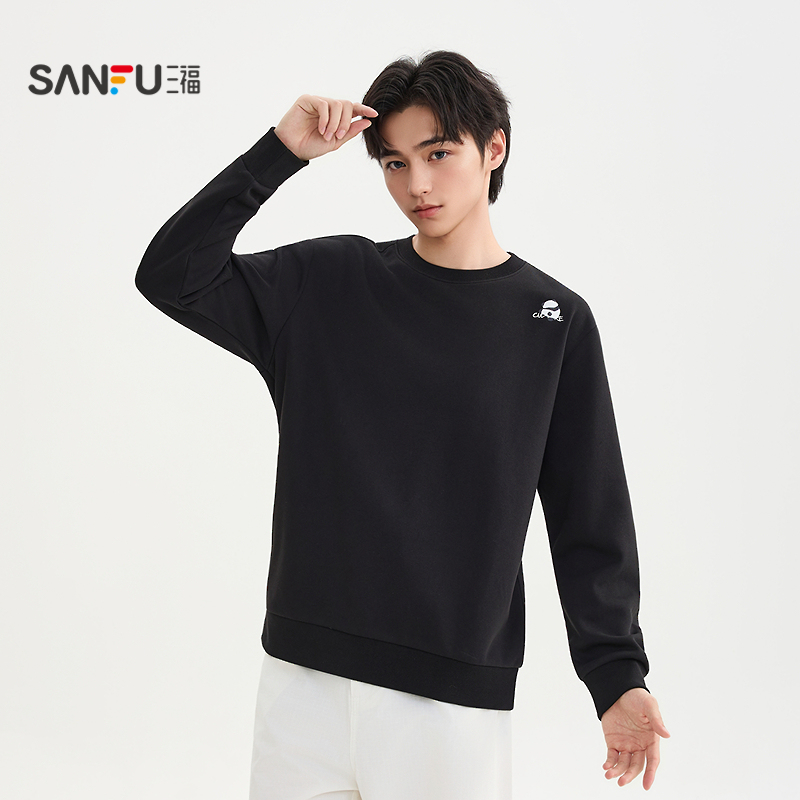 三福2025冬季男士异位熊猫刺绣卫衣 简约圆领上衣510002 - 图2