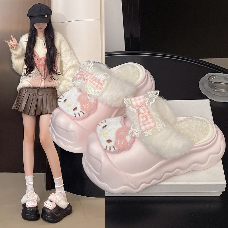 两穿可拆卸~！草莓kt猫ins可爱包跟棉鞋女厚底外穿增高保暖棉拖,淘宝优惠券,粉丝福利购,淘宝优惠卷