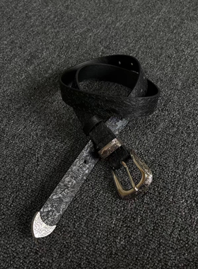 小心袖口 Vintage中古黑色压印针扣腰带日常简约男女皮带