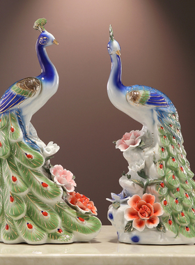 陶瓷孔雀摆件一对客厅玄关展示柜