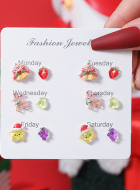 欧美圣诞卡通树脂6对装耳钉套装