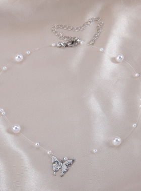 蝴蝶吊坠锁骨链项链珍珠颈链