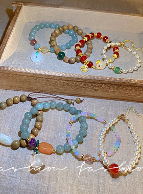 韩国轻奢小众设计双层叠戴水晶手链新款复古串珠手串精致闺蜜手饰