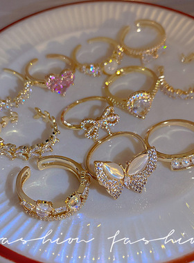 网红冷淡风珍珠锆石戒指女高级感小众气质开口食指环轻奢复古尾戒