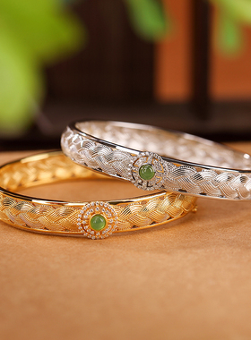 新中式手镯和田玉碧玉纯银手环