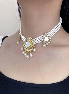 复古宫廷风多层珍珠项链耳环套装