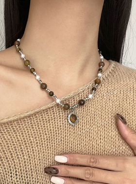 轻奢高级感虎眼石串珠吊坠项链女