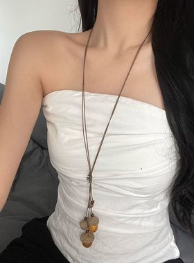 新中式复古木质橡果吊坠长项链女