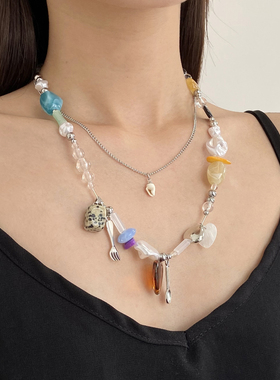 多层叠戴爱心吊坠项链多元素颈链