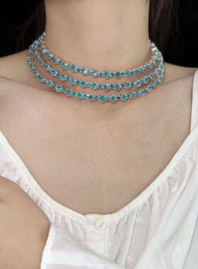 复古精致时髦多层蓝色水钻项链圈