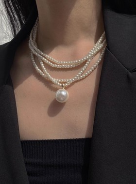 气质多层叠戴米珠珍珠吊坠项链女