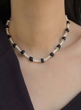 法式气质黑白串珠珍珠拼接项链女