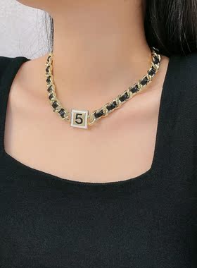 金属皮绳链条女字母项链锁骨链