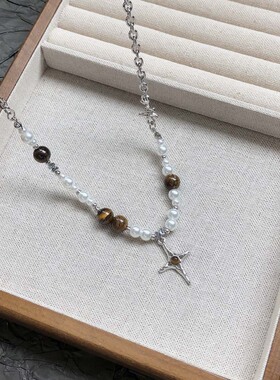 虎眼石串珠拼接珍珠十字架项链女