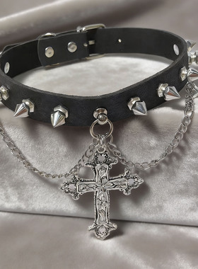 朋克重工花卉十字架吊坠项链铆钉