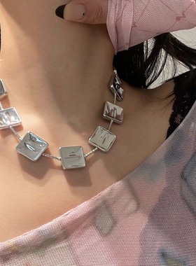 冷淡风金银色金属方形串珠项链女
